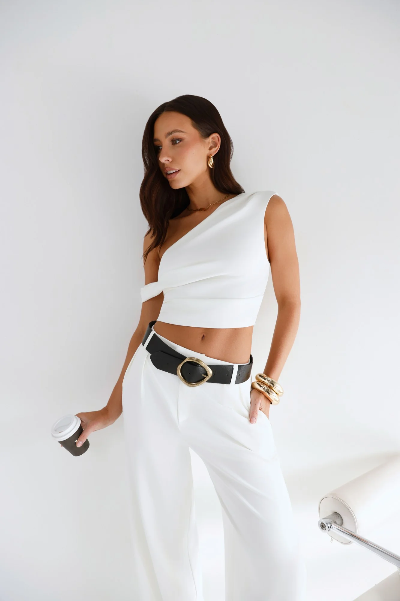 The Edit Tailored Off Shoulder Crop Top White