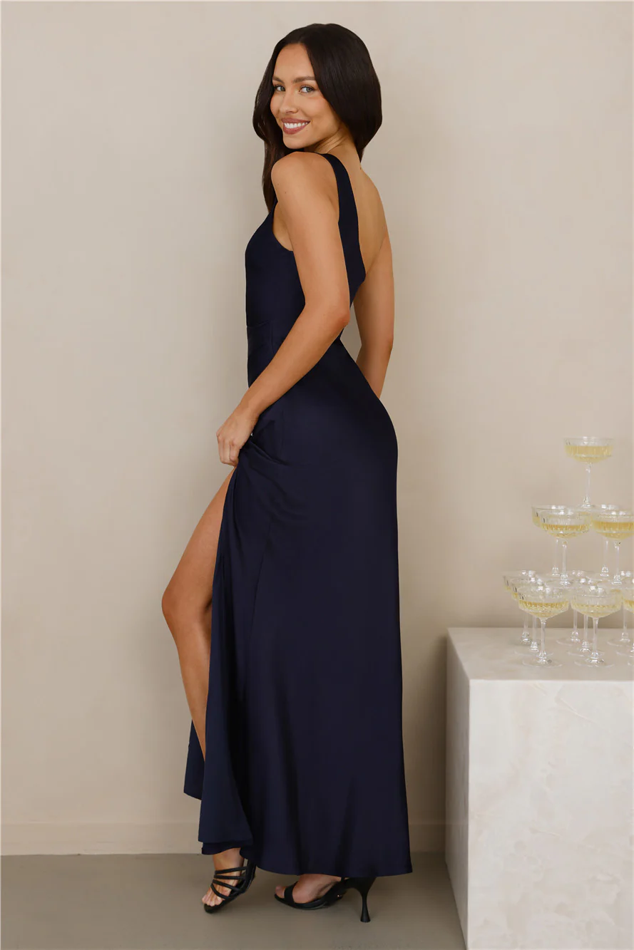 The Aurora One Shoulder Satin Maxi Dress Navy