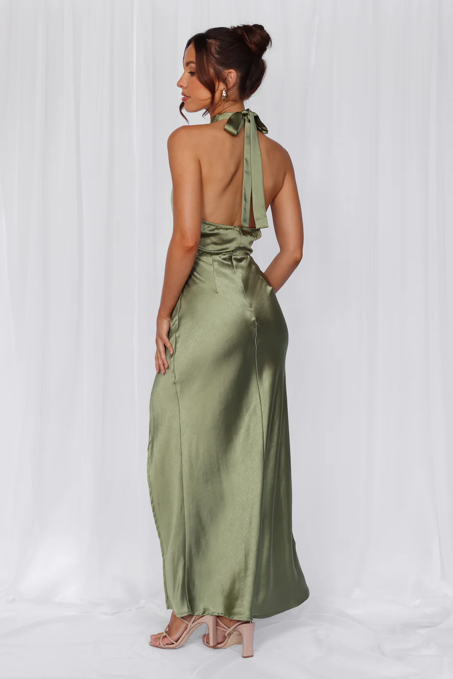 The Adeline Halter Satin Maxi Dress Olive