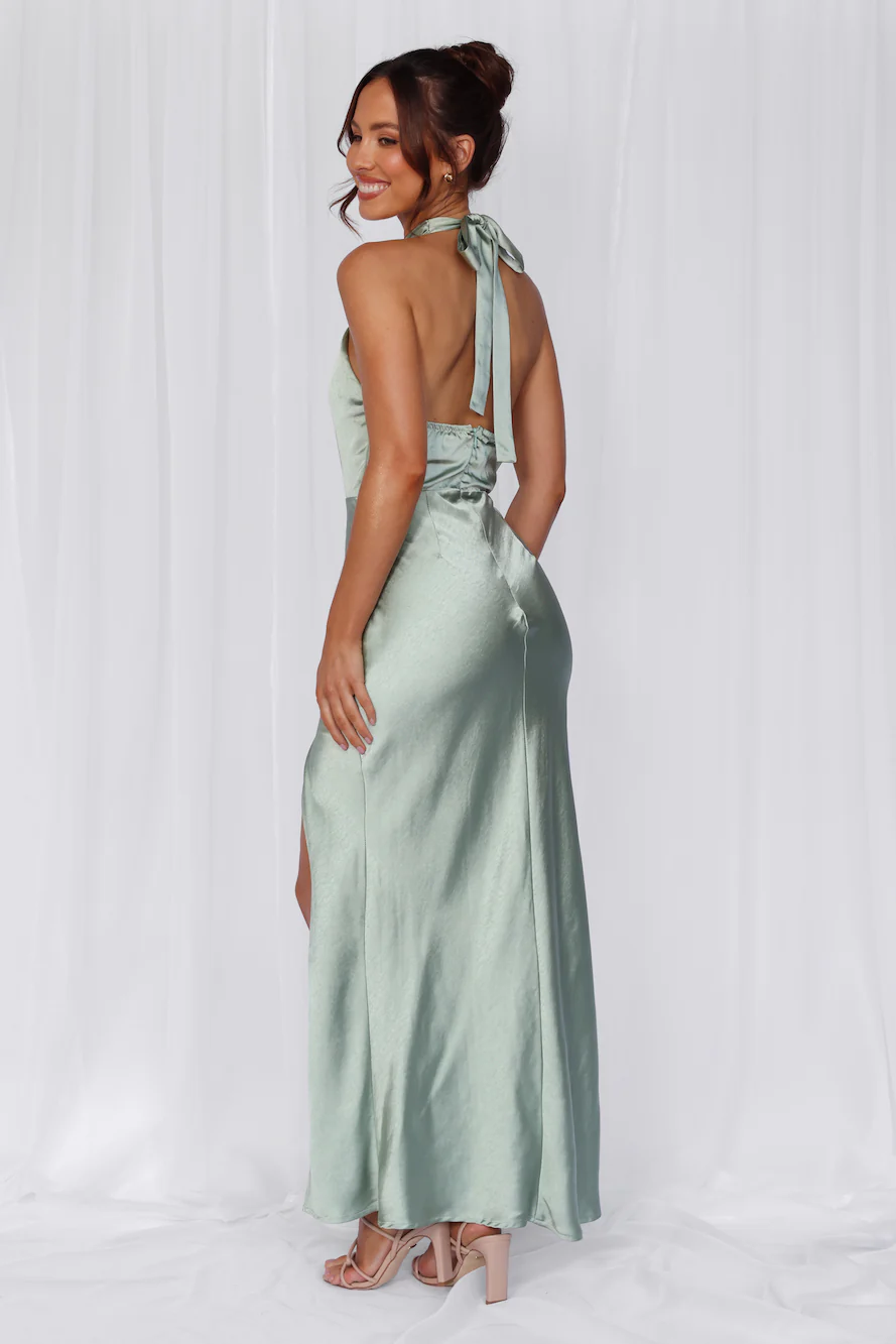 The Adeline Halter Satin Maxi Dress Sage