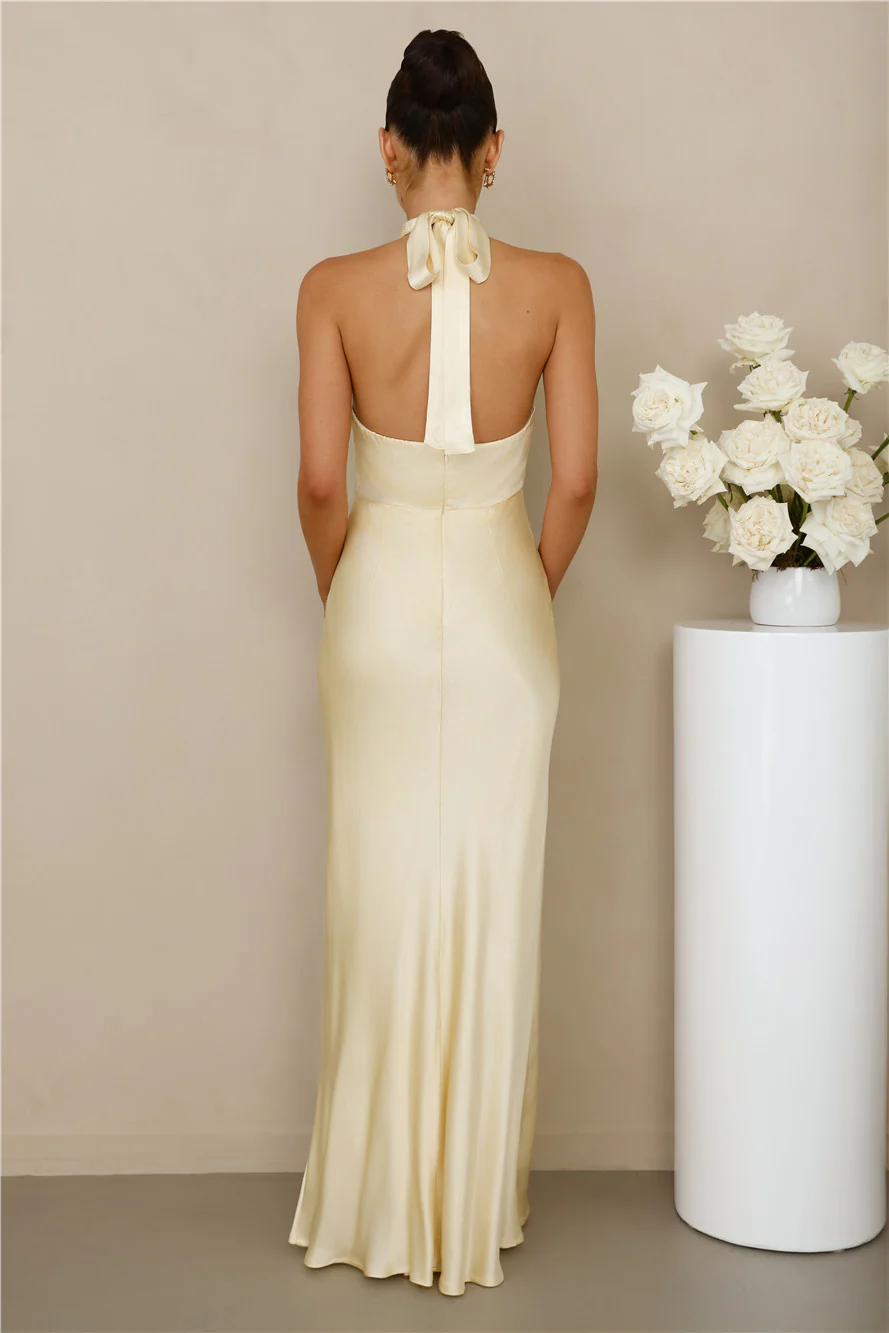 The Adeline Halter Satin Maxi Dress Yellow