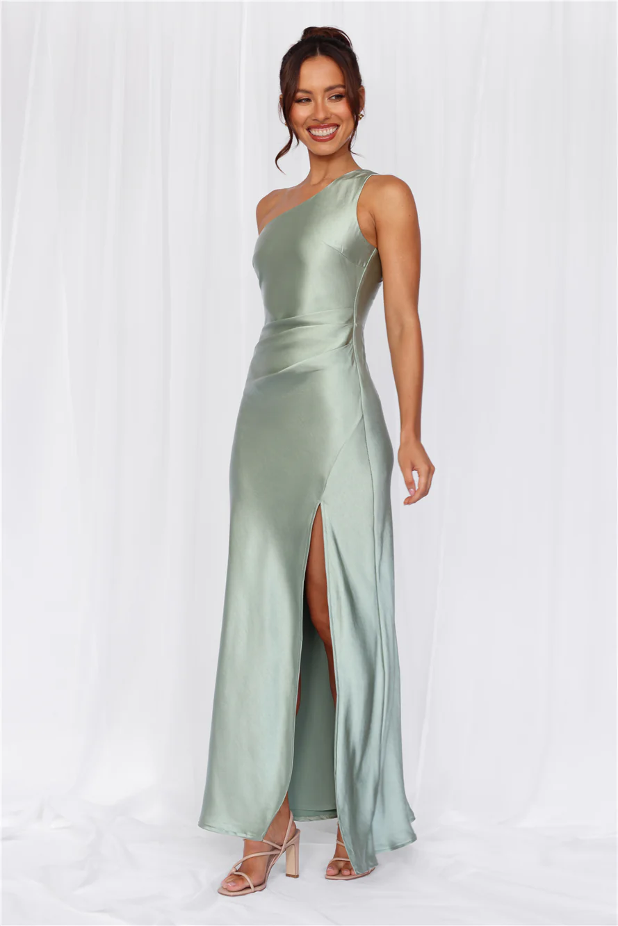 The Aurora One Shoulder Satin Maxi Dress Sage