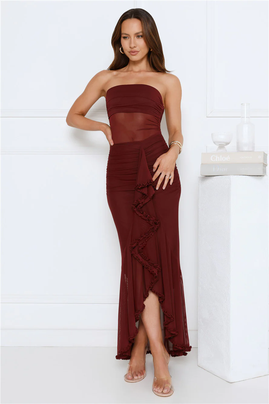Spark Soirée Strapless Mesh Maxi Dress Burgundy