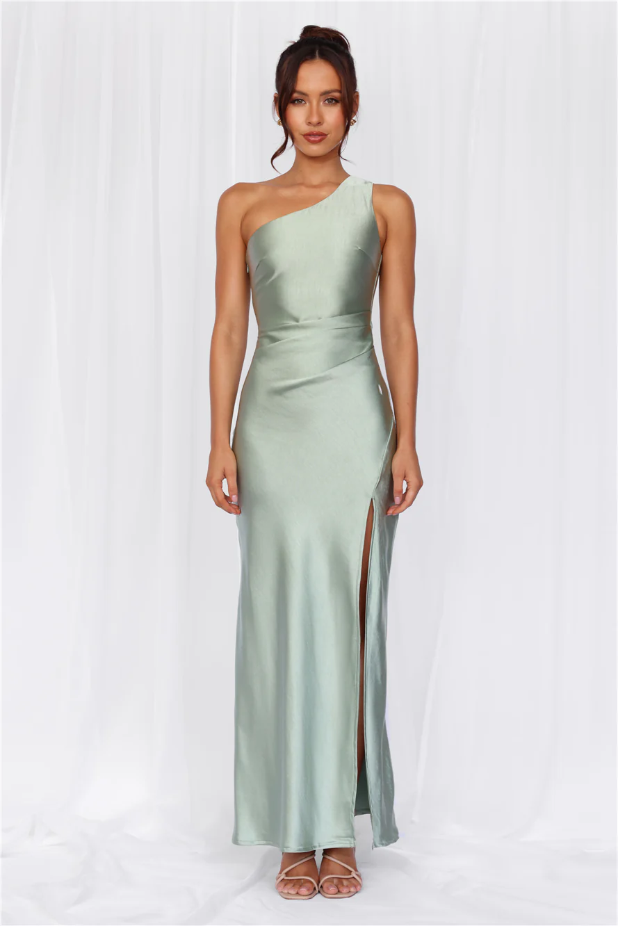 The Aurora One Shoulder Satin Maxi Dress Sage