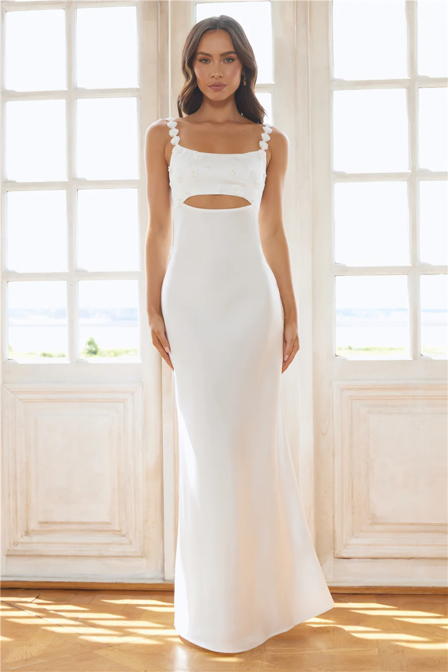 The Floral Soirée Satin Maxi Dress White