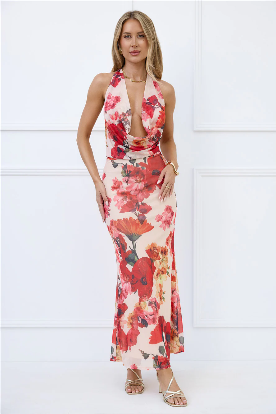 Viral Vibes Mesh Halter Maxi Dress Beige