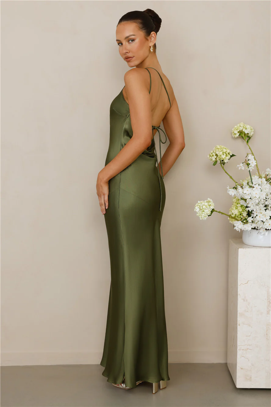 The Evangeline One Shoulder Satin Maxi Dress Olive