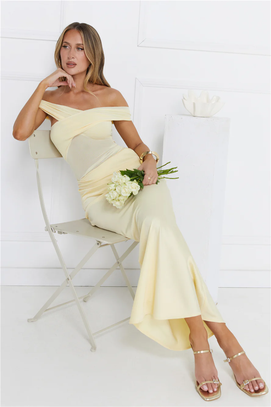 Silent Dreams Mesh Satin Off Shoulder Maxi Dress Yellow