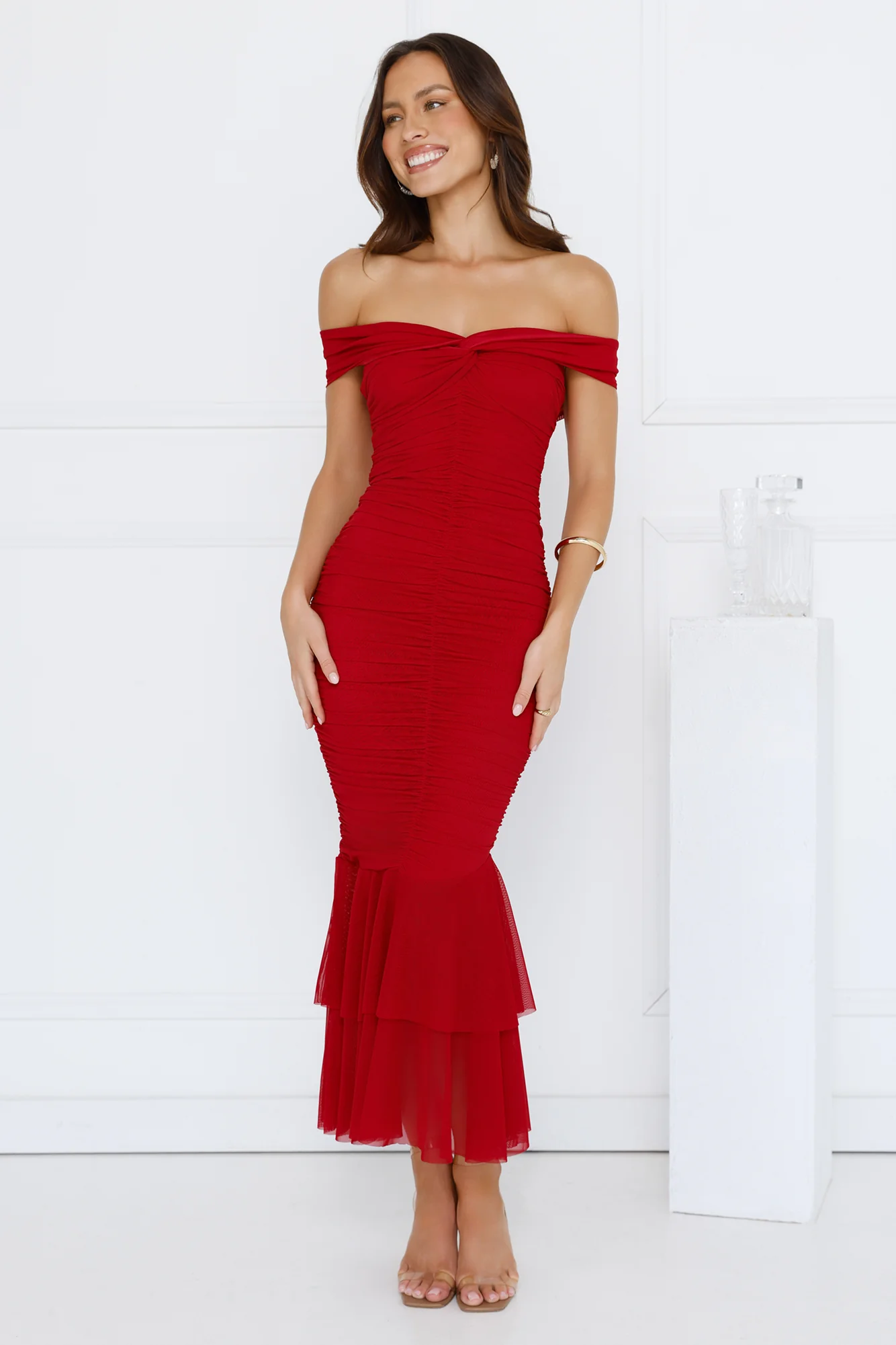 Tanisha Off Shoulder Mesh Midi Dress Maroon