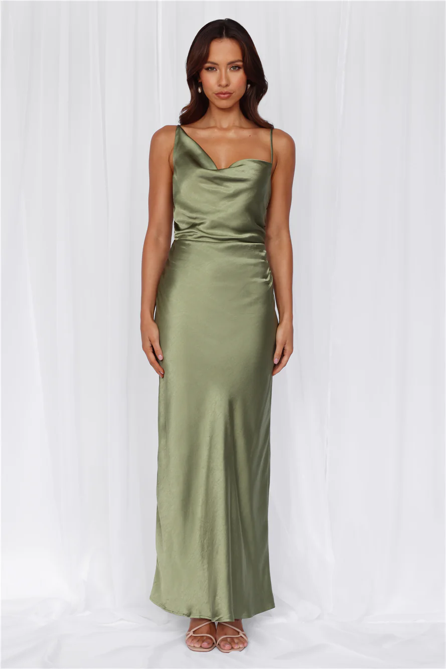 The Madeline Cowl Satin Maxi Dress Olive