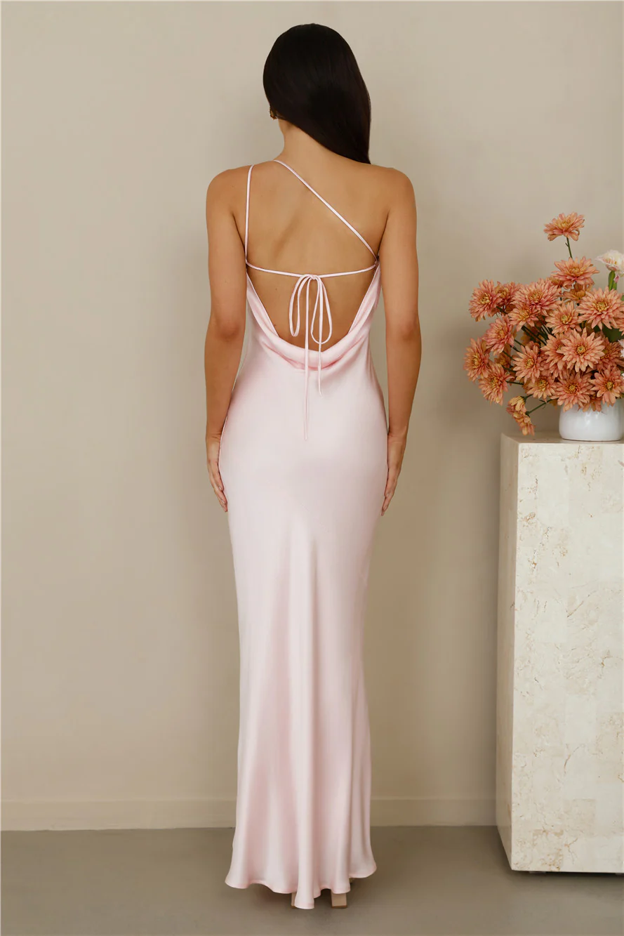The Evangeline One Shoulder Satin Maxi Dress Pink