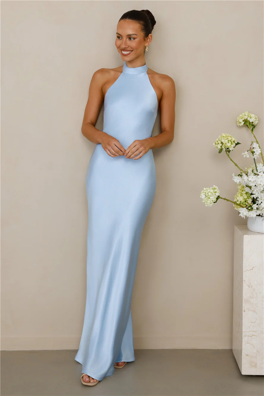 The Cleo Halter Satin Maxi Dress Blue
