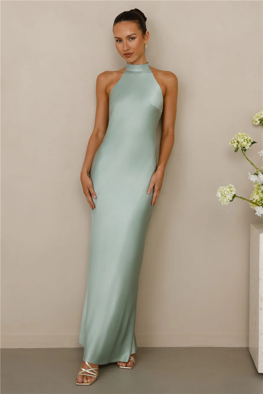 The Cleo Halter Satin Maxi Dress Sage