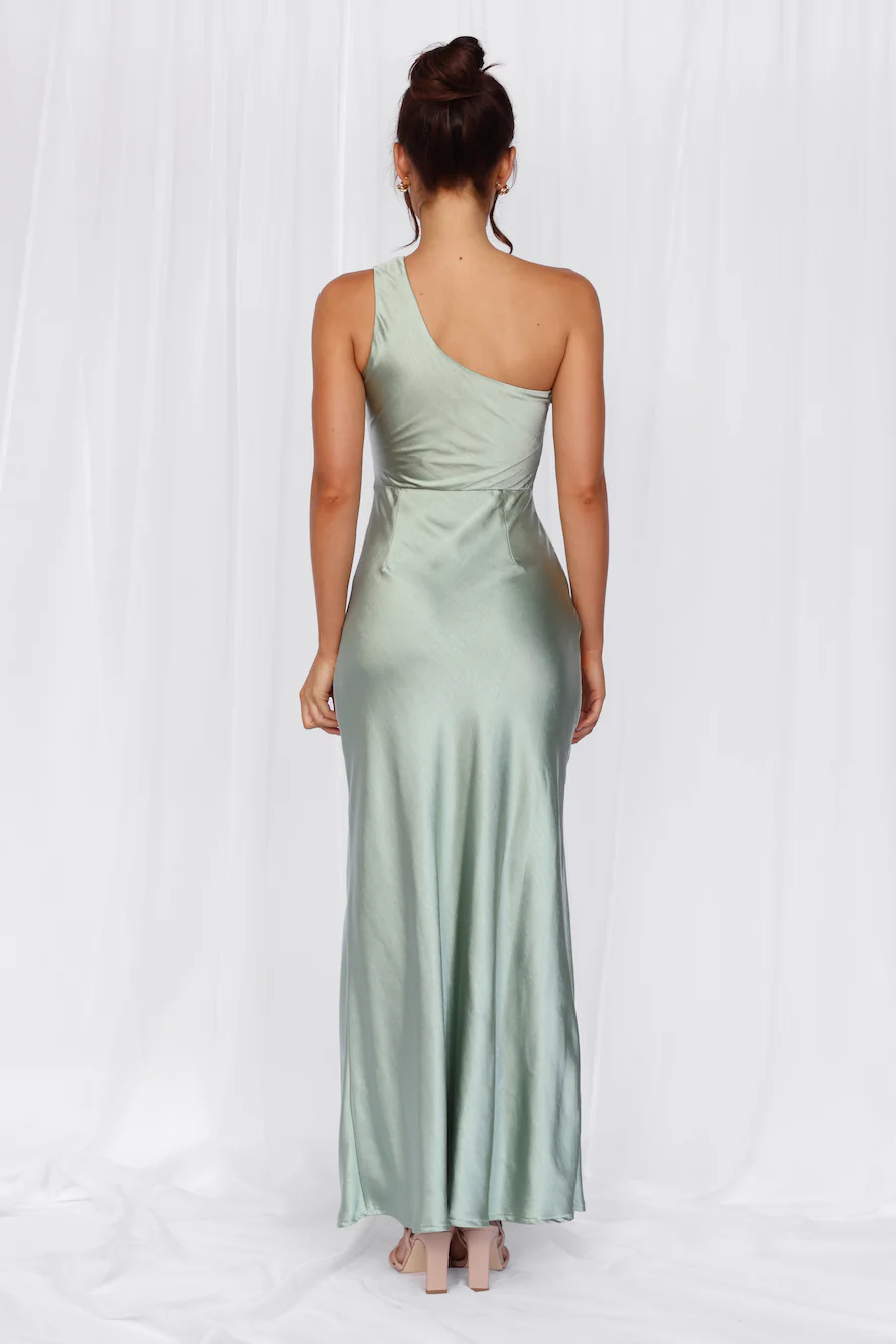 The Aurora One Shoulder Satin Maxi Dress Sage