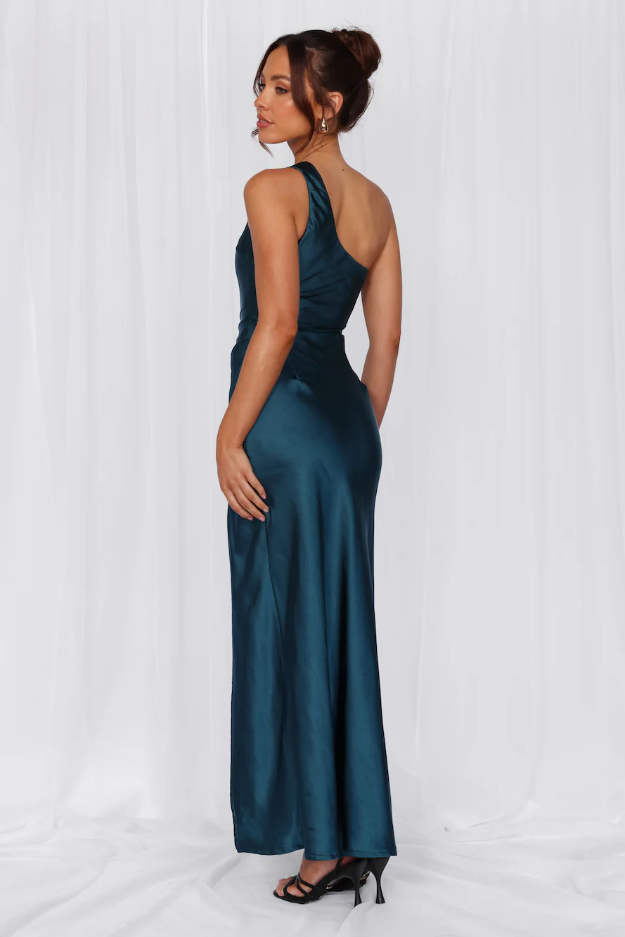 The Aurora One Shoulder Satin Maxi Dress Teal