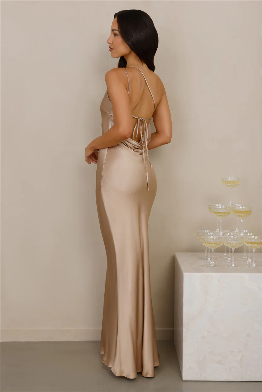 The Evangeline One Shoulder Satin Maxi Dress Champagne