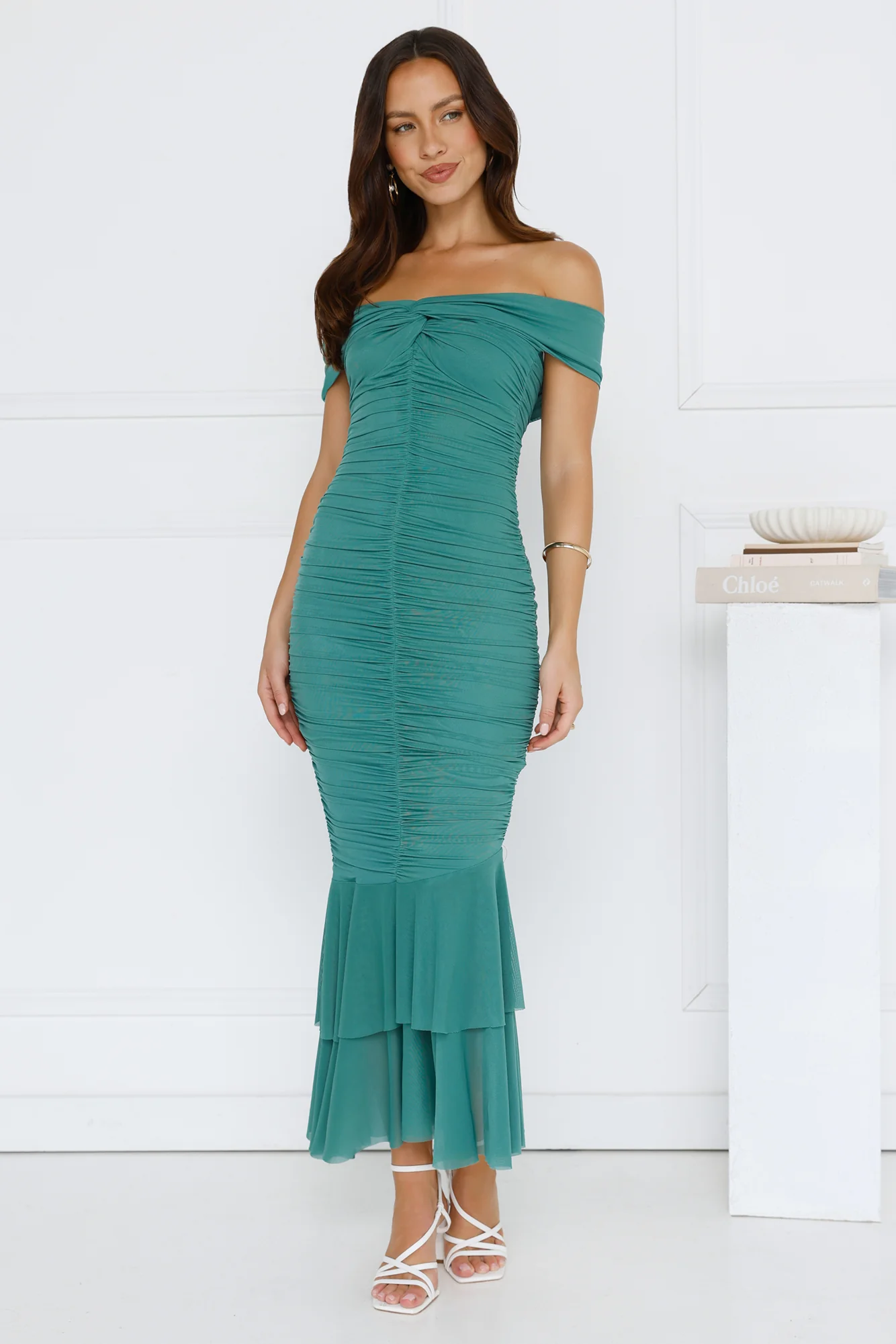 Tanisha Off Shoulder Mesh Midi Dress Green