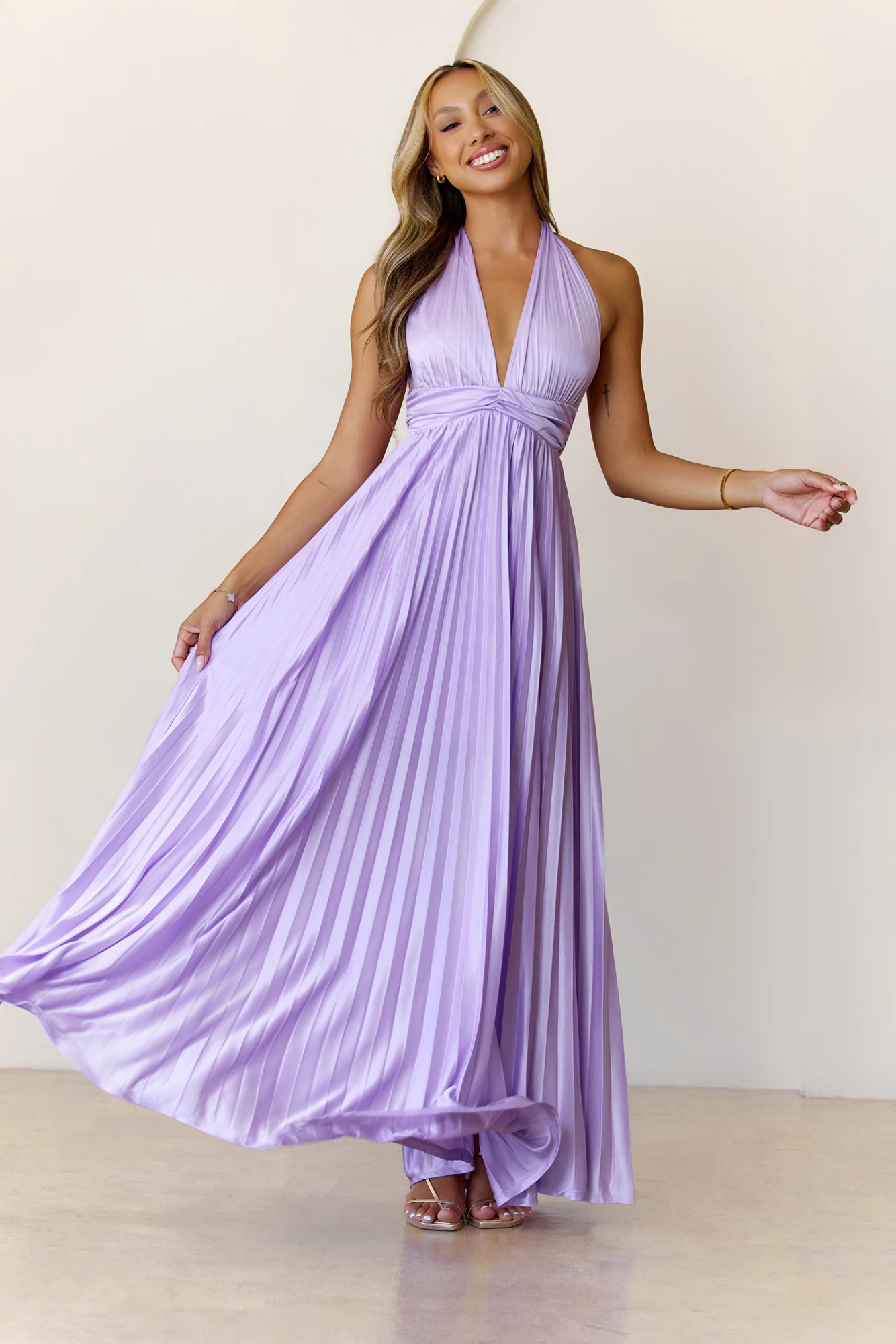 Shimmering Sea Pleated Halter Maxi Dress Lilac