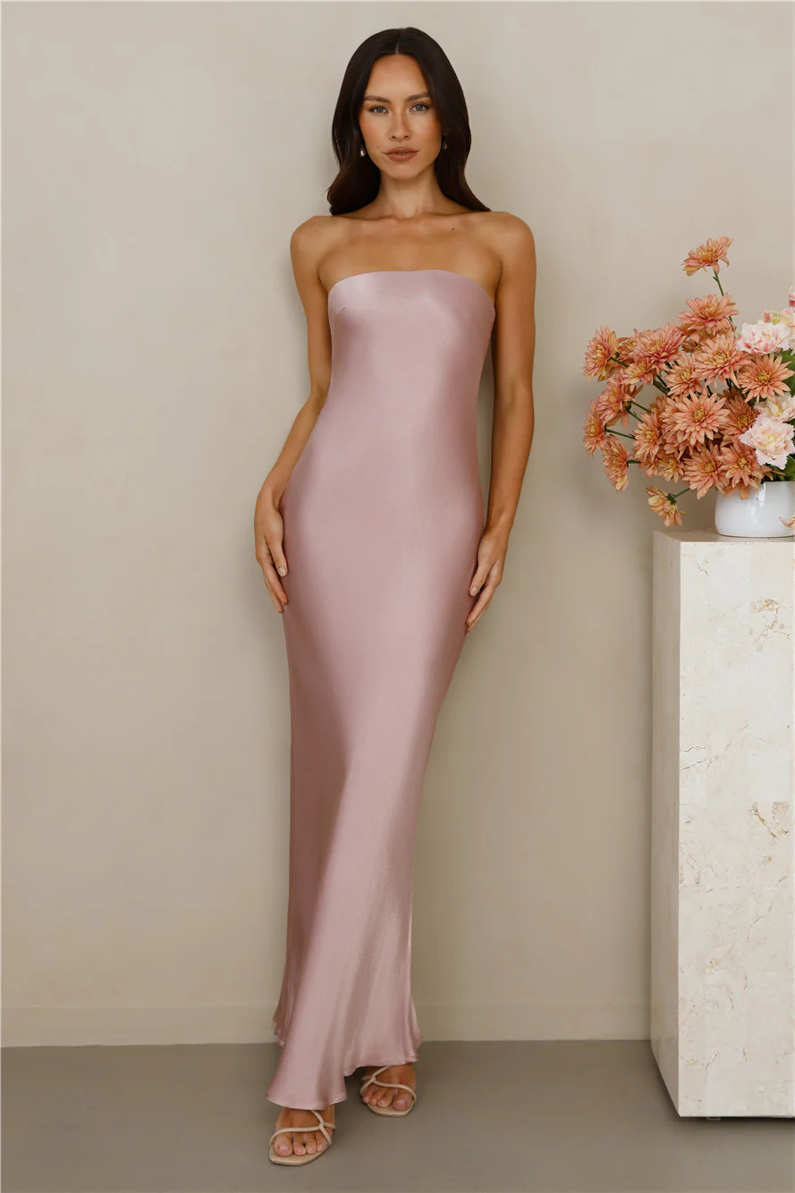 The Felicity Strapless Satin Maxi Dress Dusty Pink