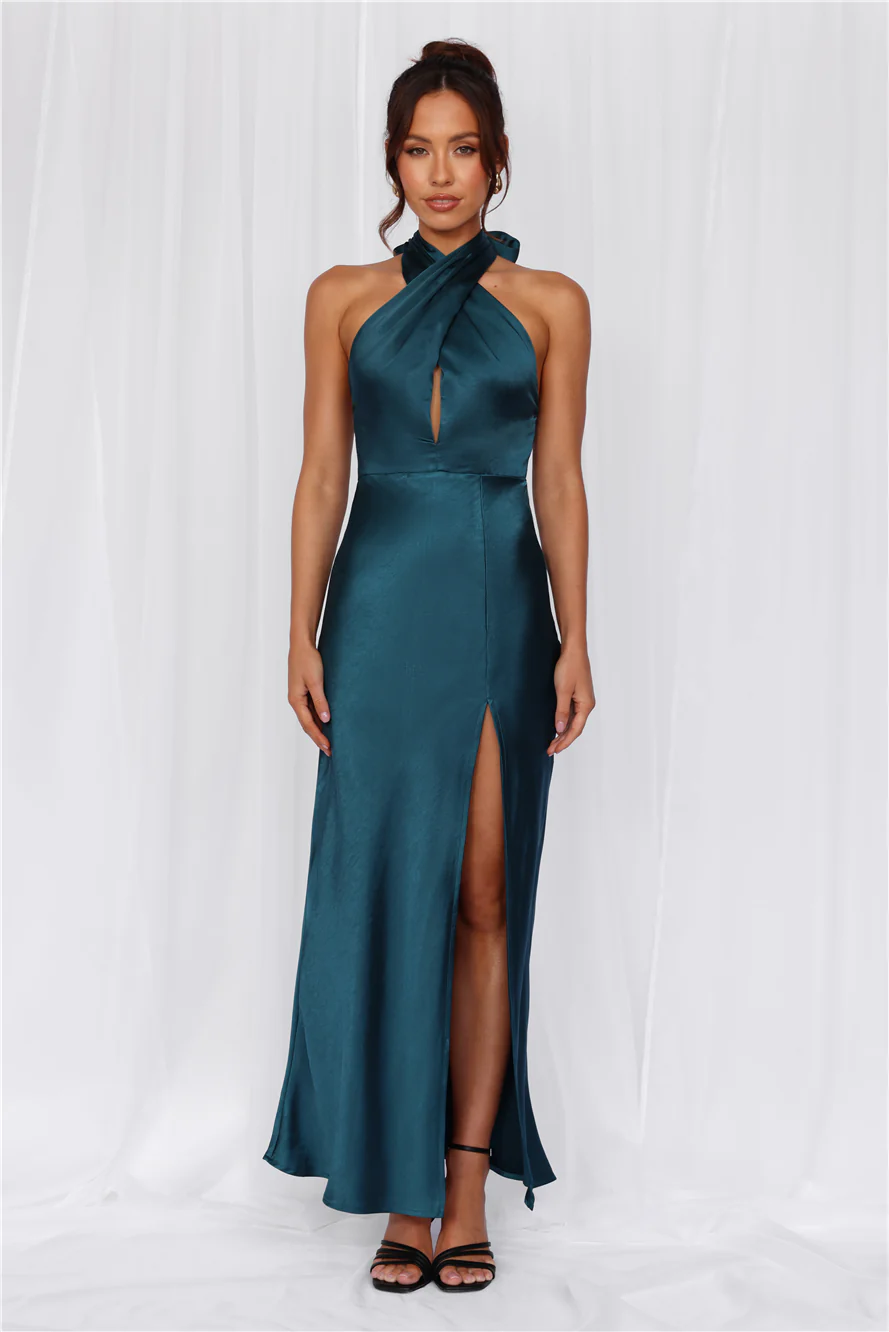 The Adeline Halter Satin Maxi Dress Teal