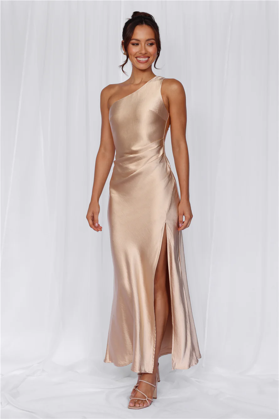 The Aurora One Shoulder Satin Maxi Dress Champagne