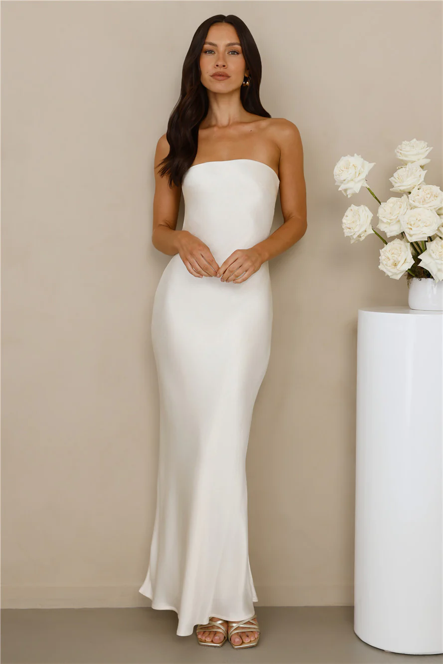 The Felicity Strapless Satin Maxi Dress Pearl
