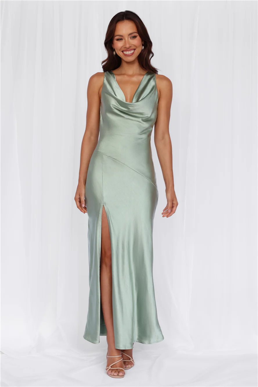 The Loretta Cowl Satin Maxi Dress Sage