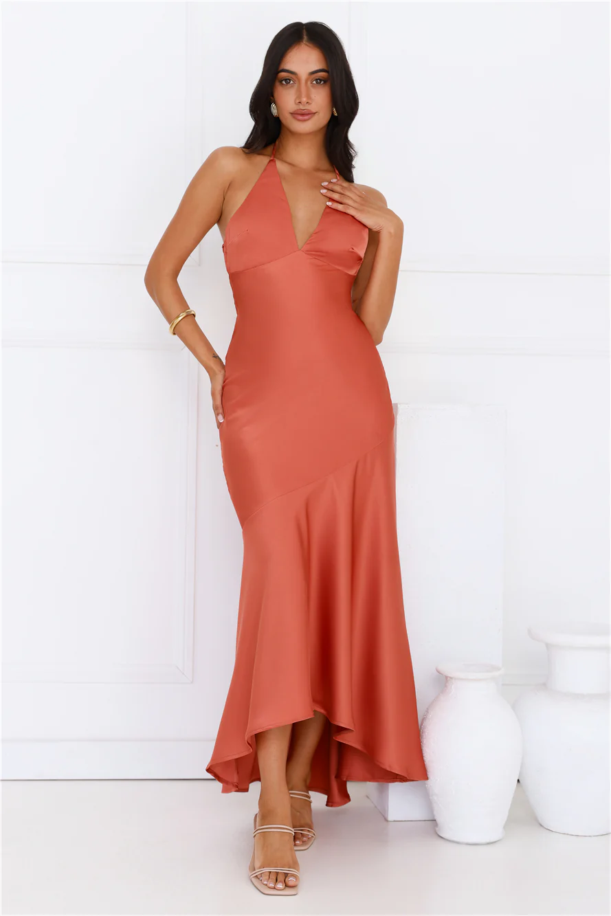 She Is Sublime Halter Satin Maxi Dress Brick