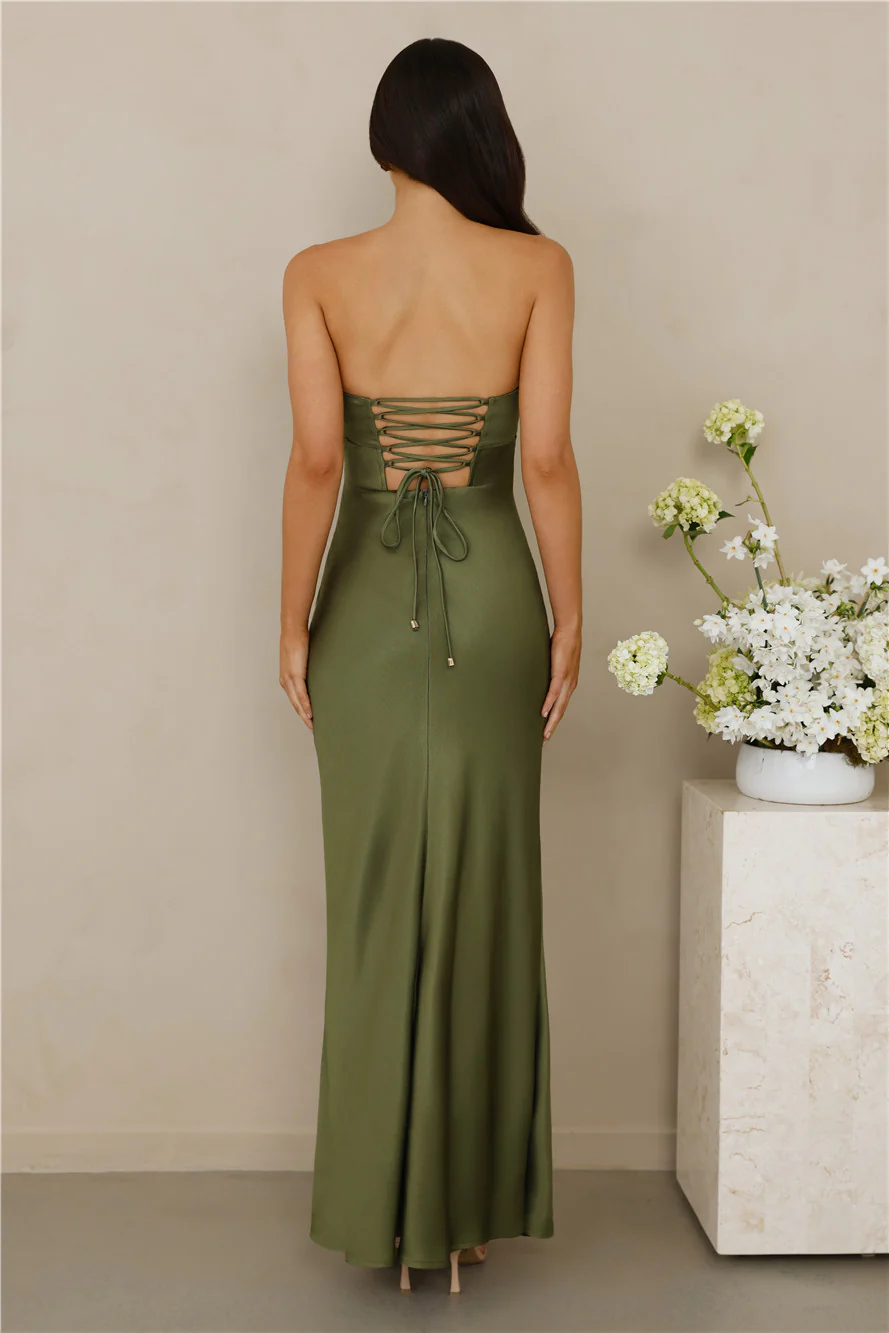 The Seraphina Strapless Satin Maxi Dress Olive