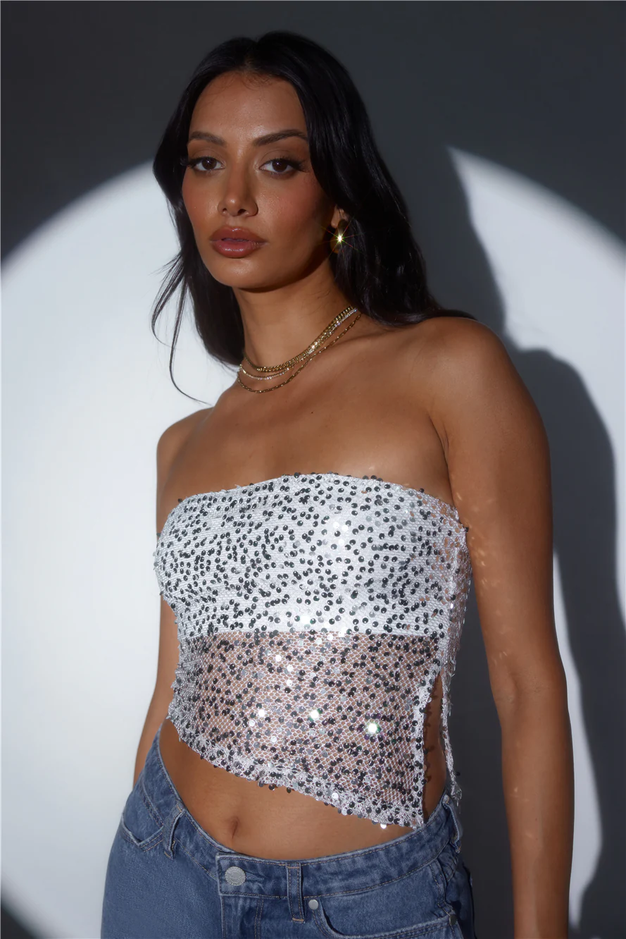She Is The Party Strapless Sequin Crop Top Silver