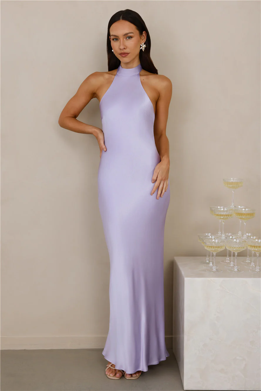 The Cleo Halter Satin Maxi Dress Lilac