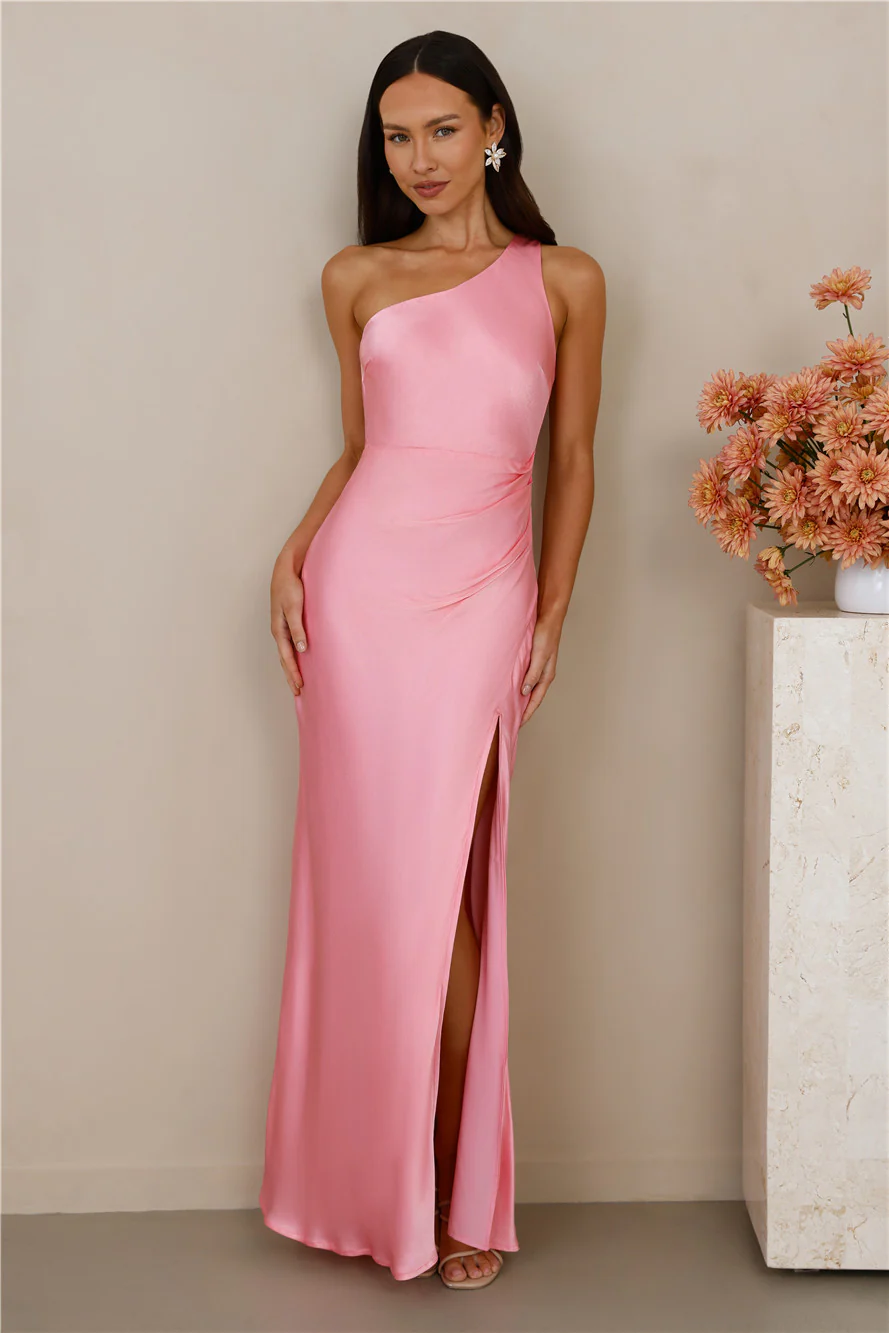 The Aurora One Shoulder Satin Maxi Dress Candy