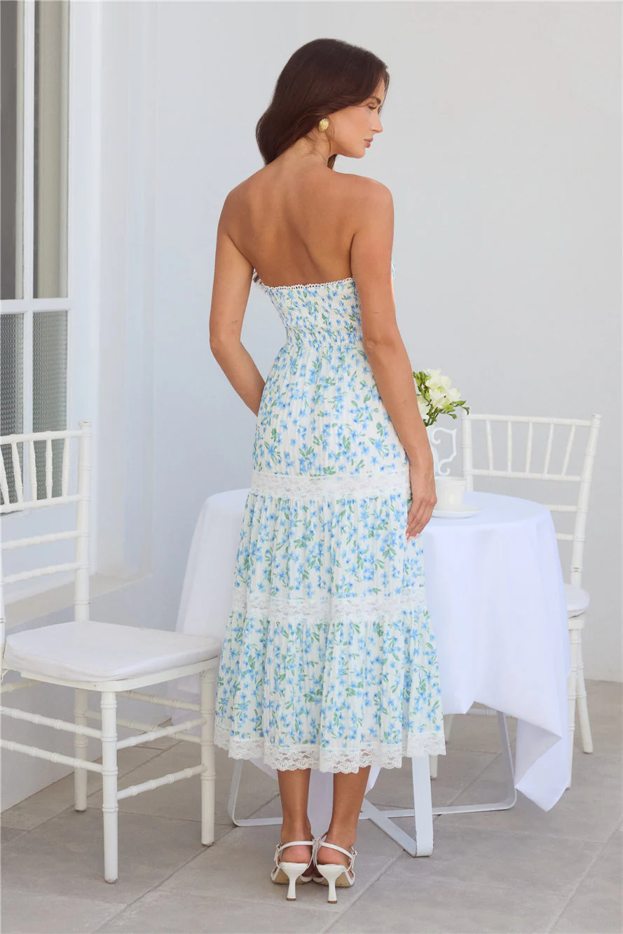 Under Palm Trees Strapless Midi Dress Blue
