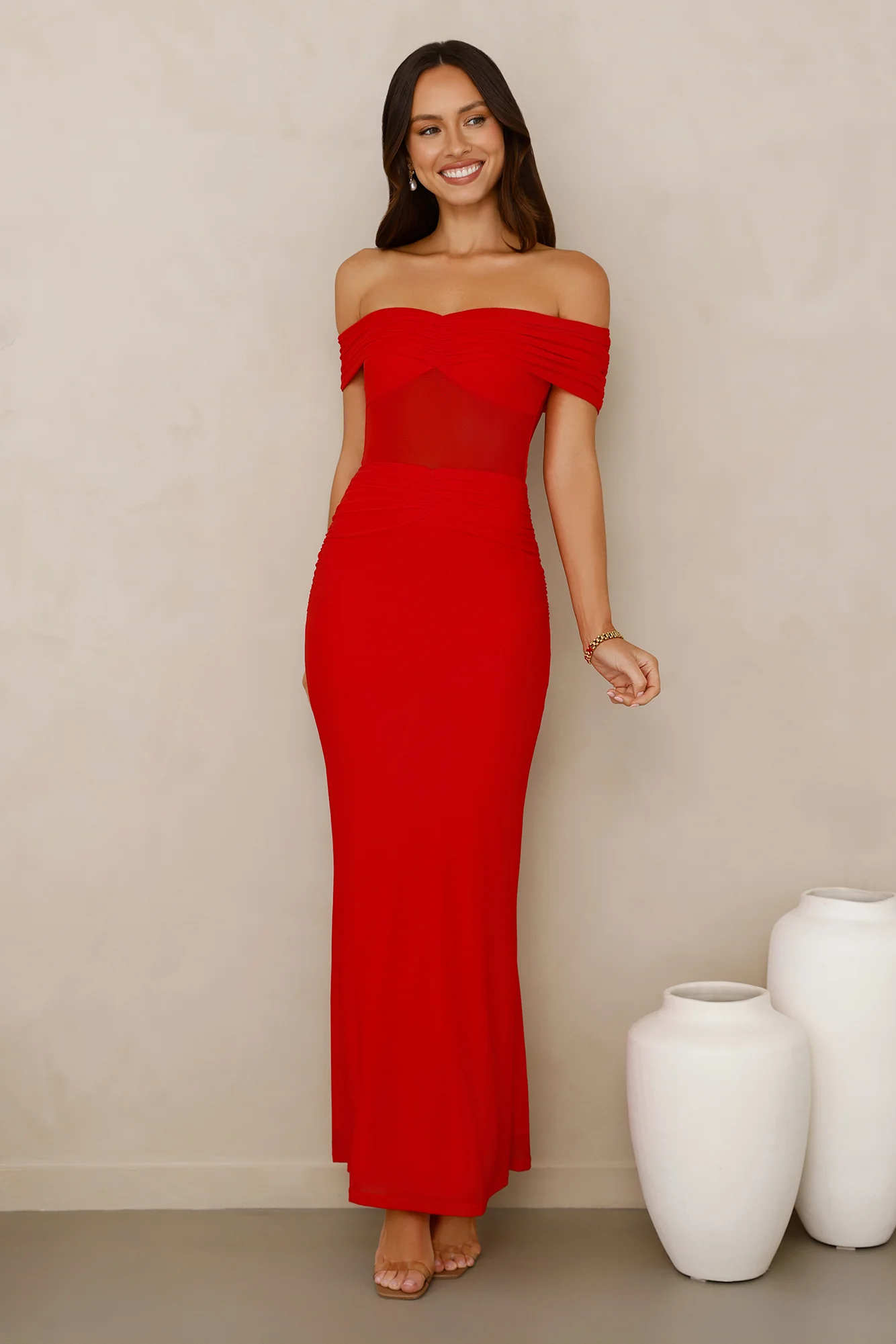Swan Song Off Shoulder Mesh Maxi Dress Red