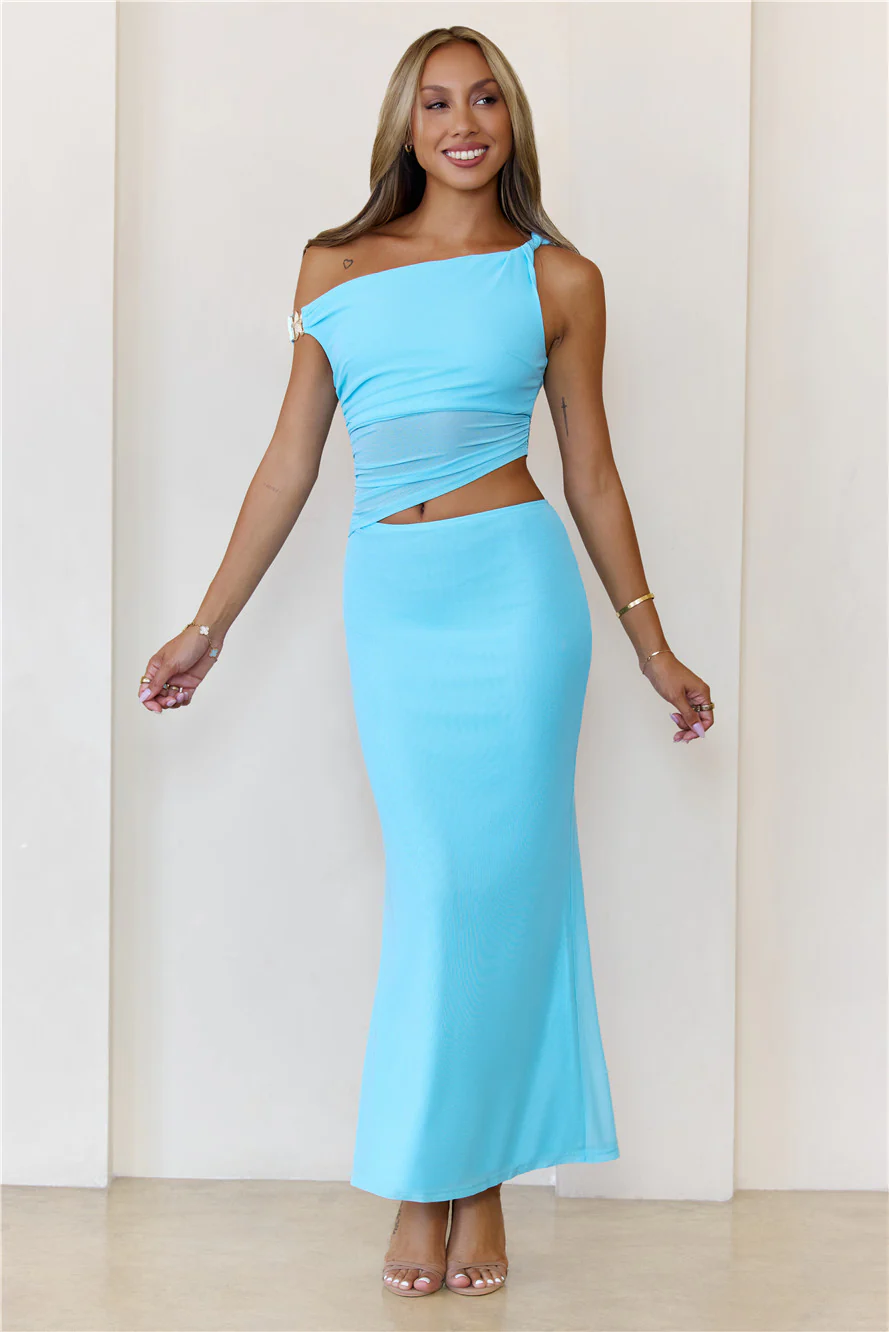 Shimmering Edge Off Shoulder Mesh Maxi Dress Blue