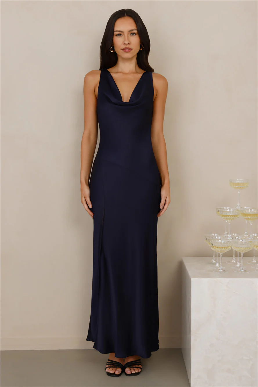 The Loretta Cowl Satin Maxi Dress Navy