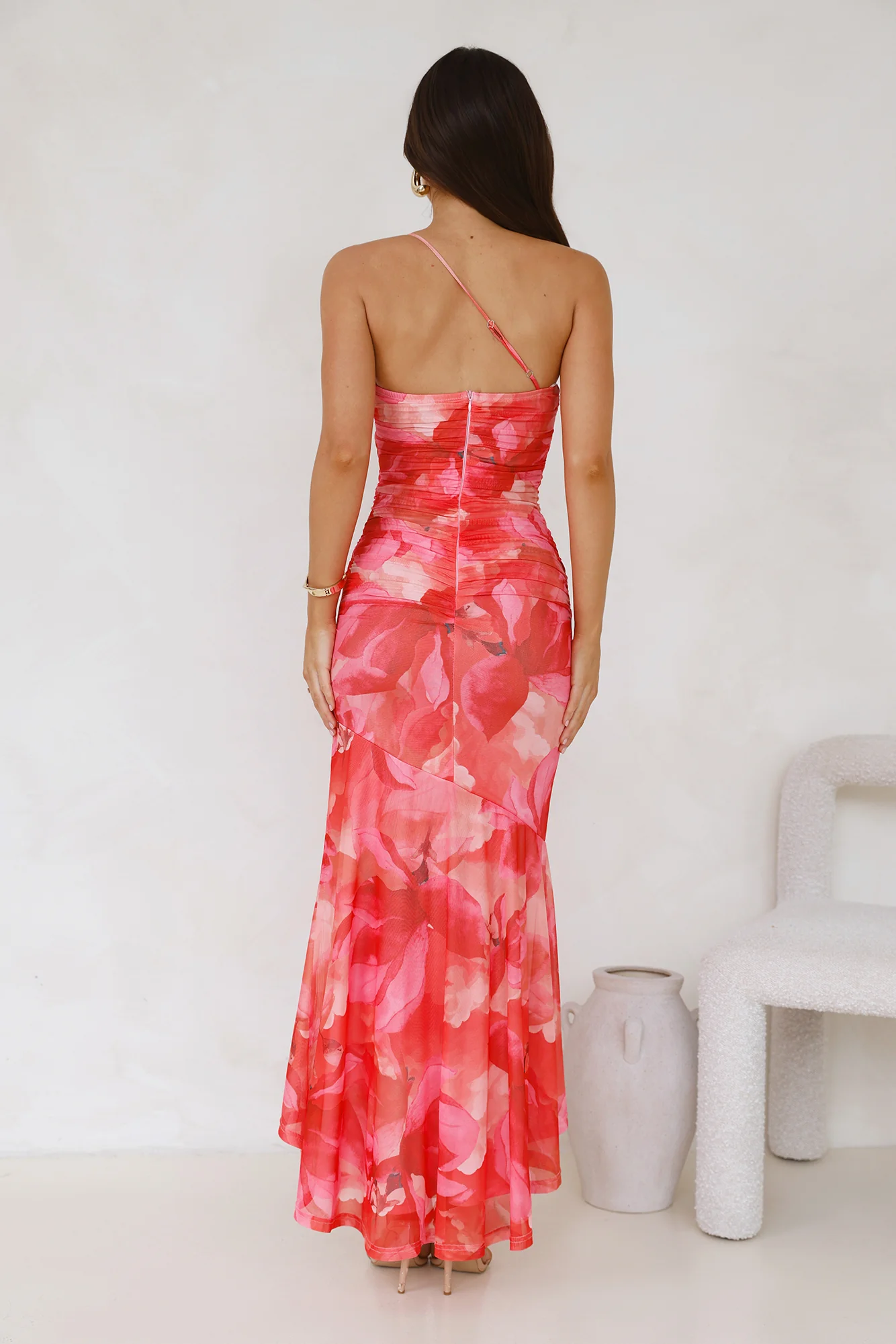 Totally Fabulous One Shoulder Mesh Maxi Dress Print