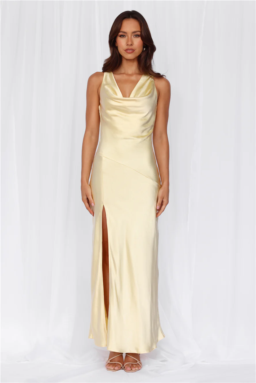 The Loretta Cowl Satin Maxi Dress Yellow