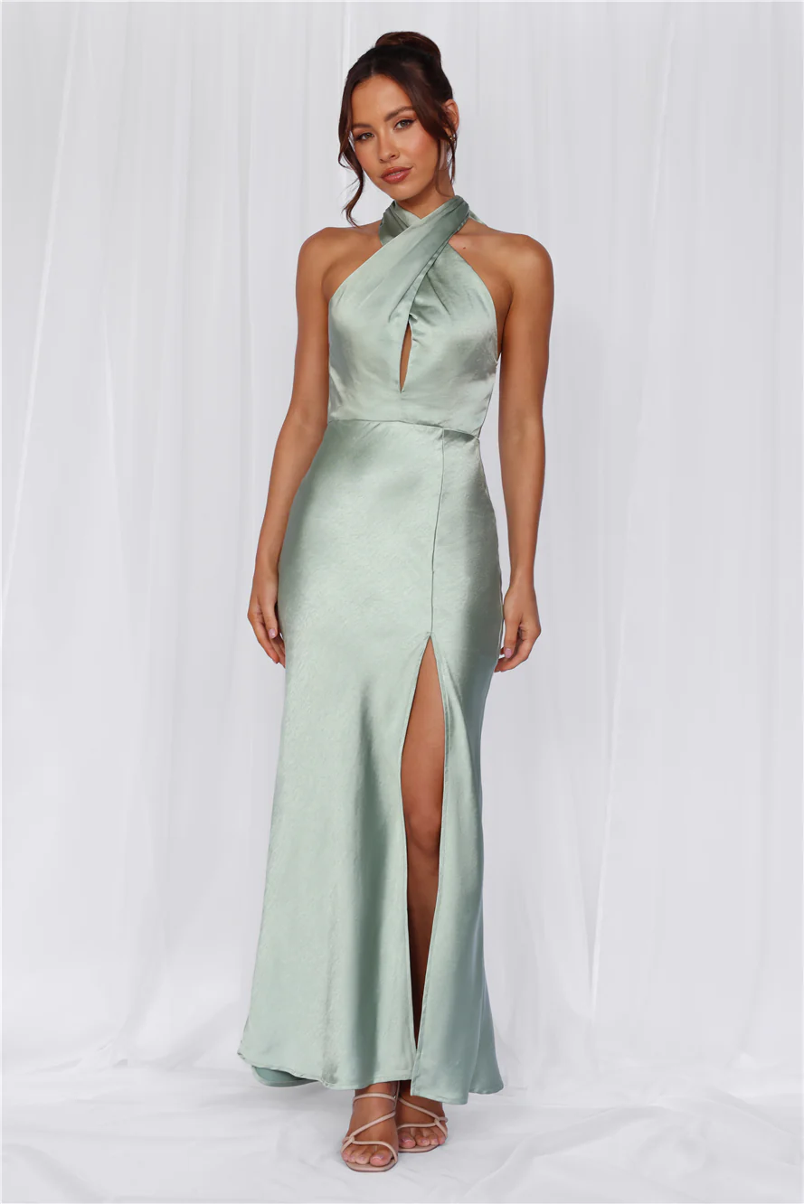 The Adeline Halter Satin Maxi Dress Sage