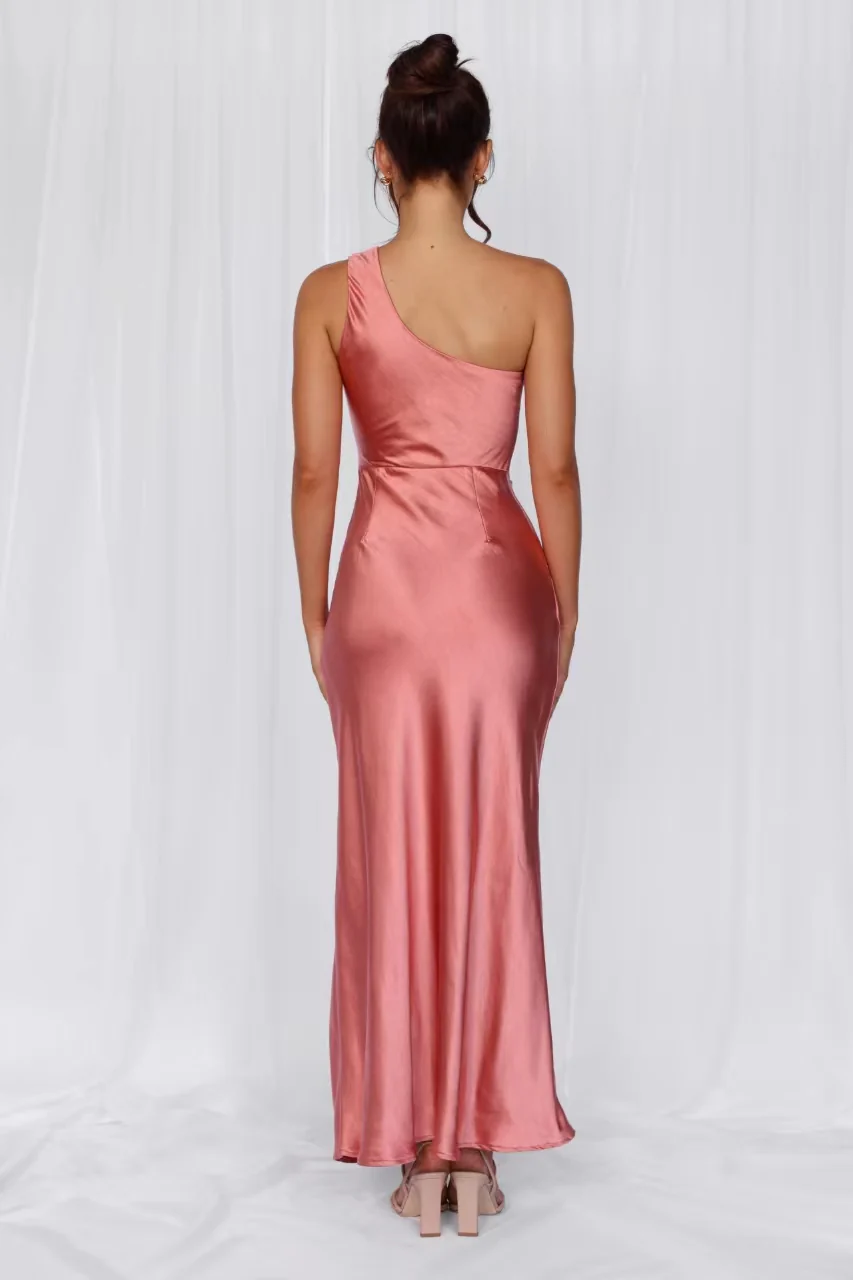The Aurora One Shoulder Satin Maxi Dress Rose