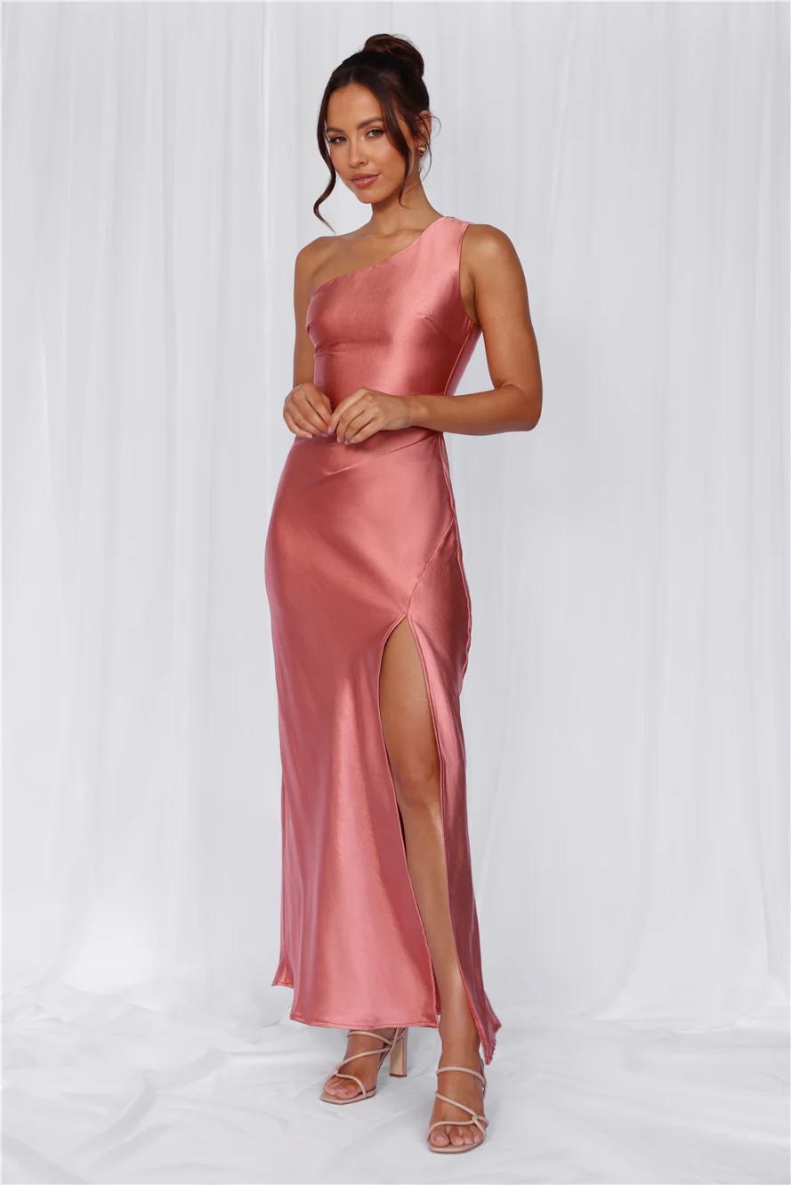 The Aurora One Shoulder Satin Maxi Dress Rose