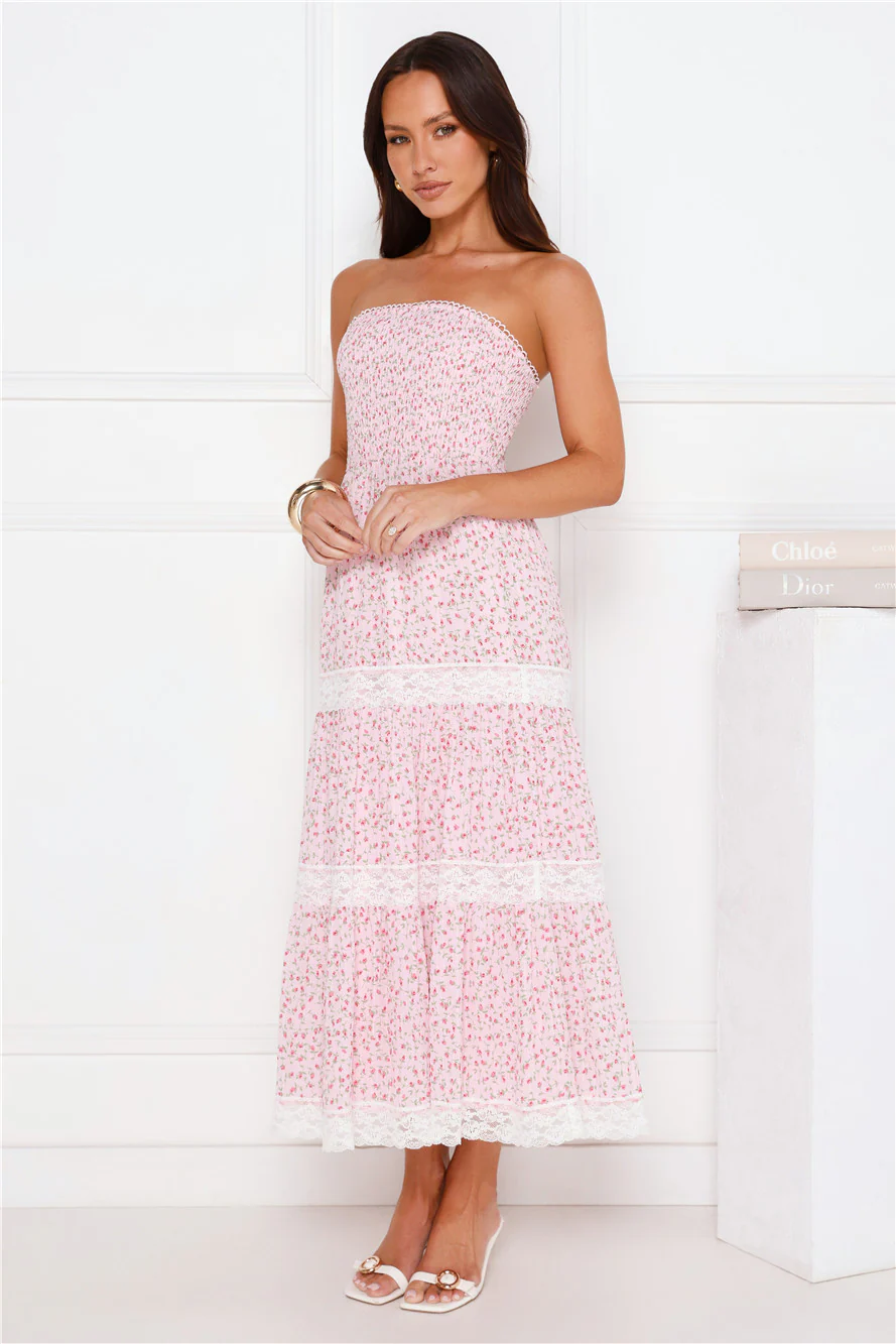 Under Palm Trees Strapless Midi Dress Pink