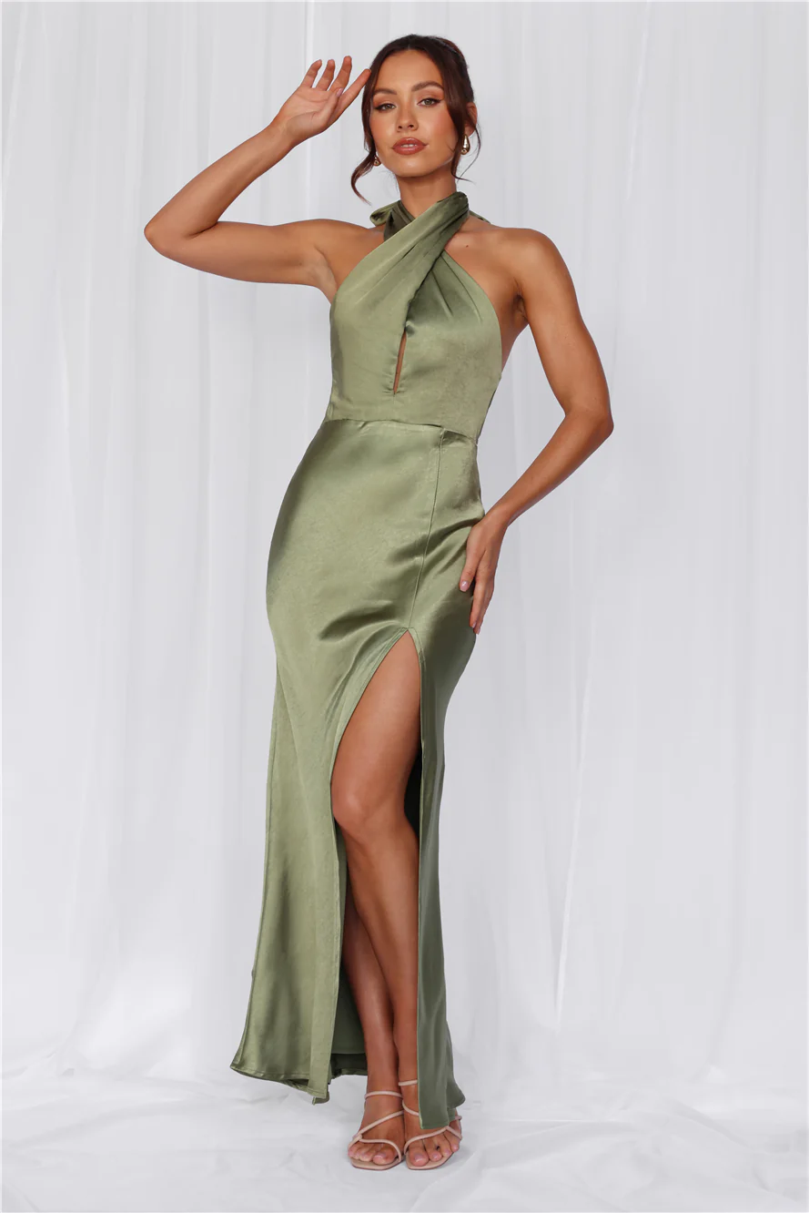 The Adeline Halter Satin Maxi Dress Olive