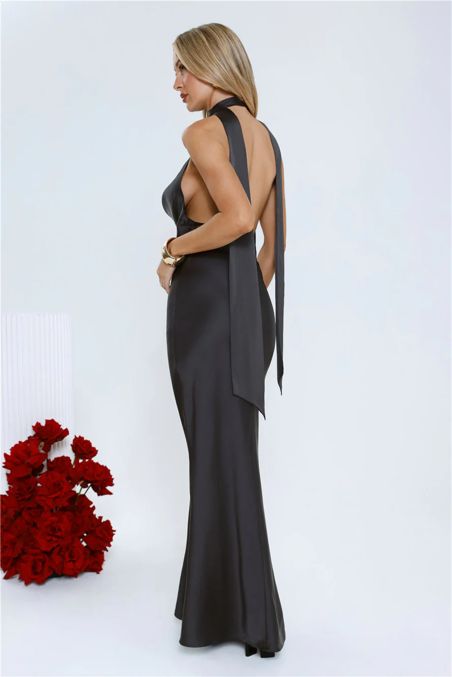 VIP Energy Satin Scarf Halter Maxi Dress Black