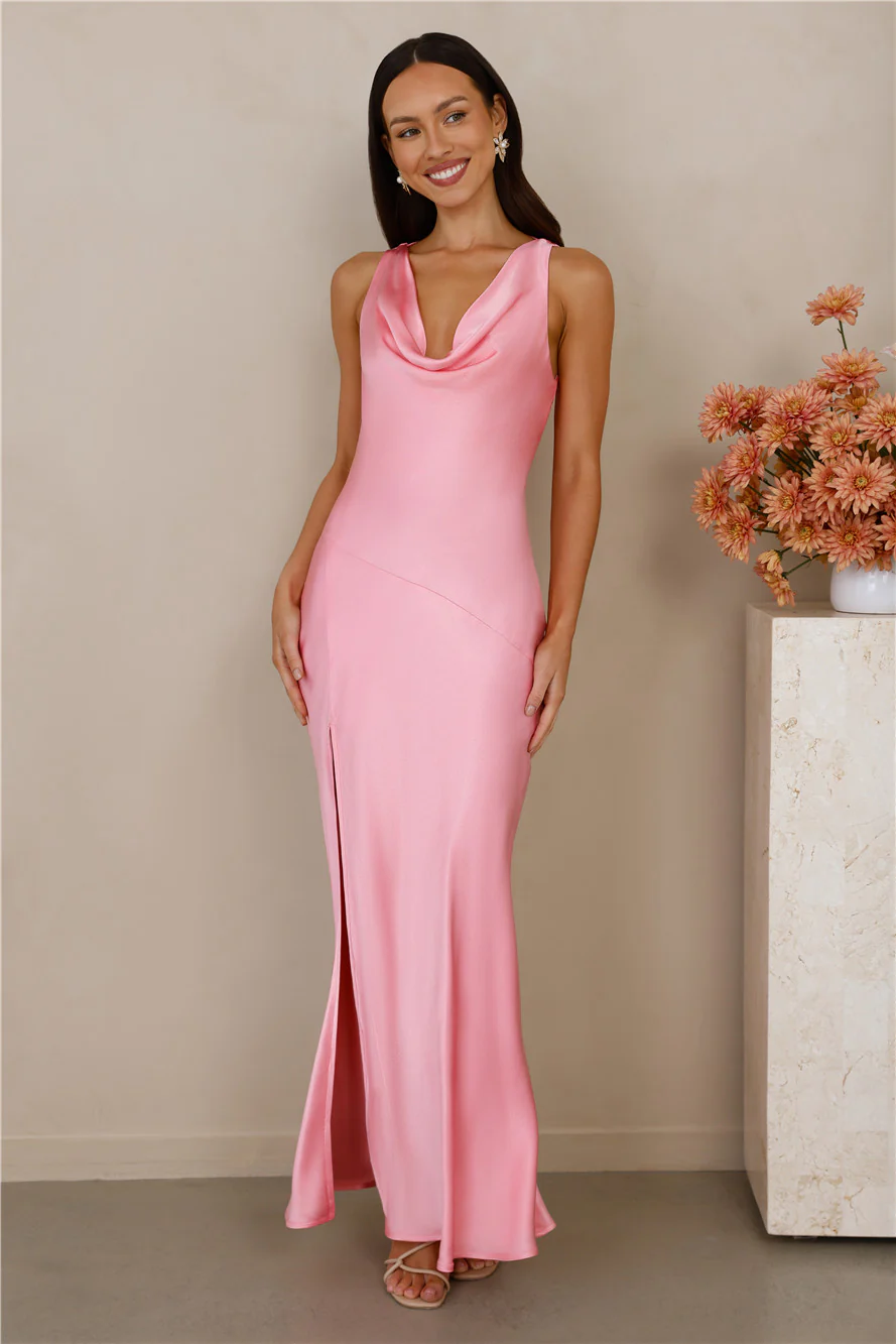The Loretta Cowl Satin Maxi Dress Candy