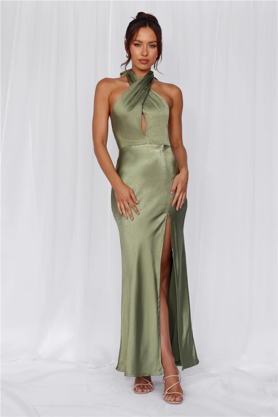 The Adeline Halter Satin Maxi Dress Olive