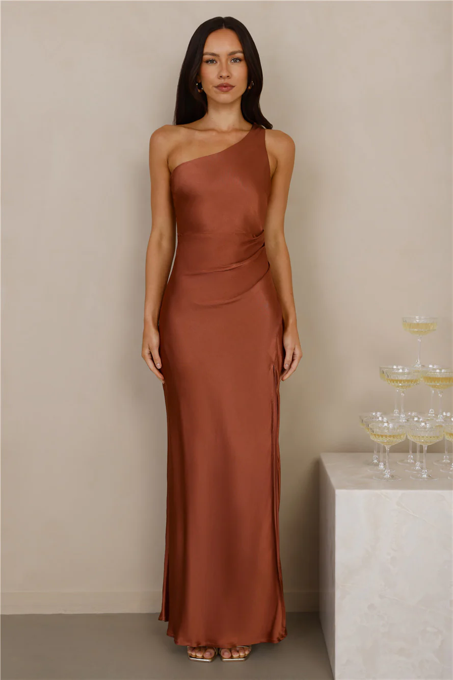 The Aurora One Shoulder Satin Maxi Dress Copper