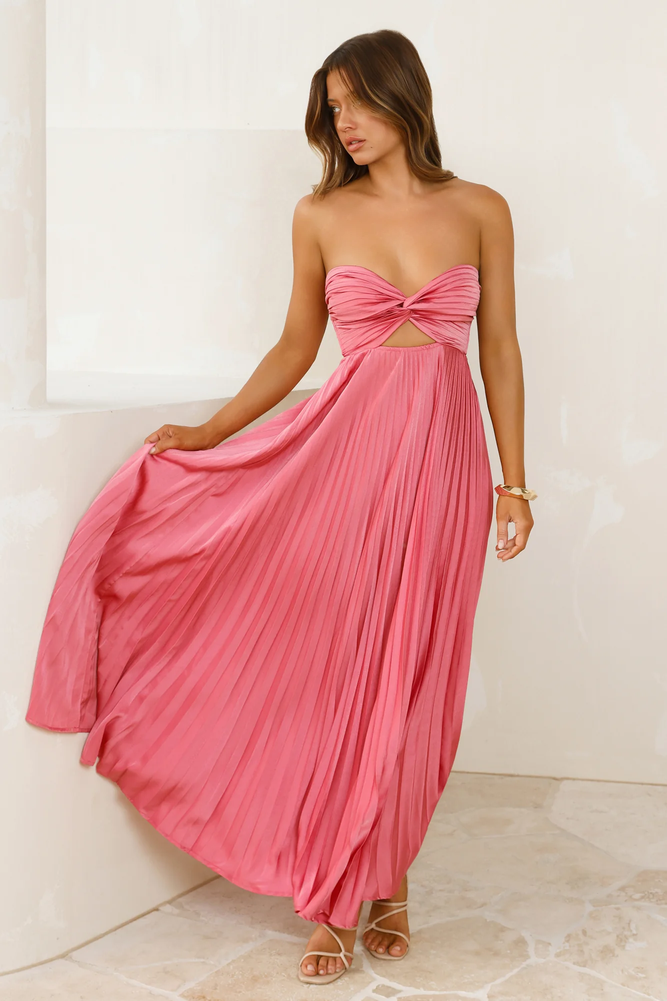 Vibes Are Priceless Strapless Satin Pleated Maxi Dress Rose