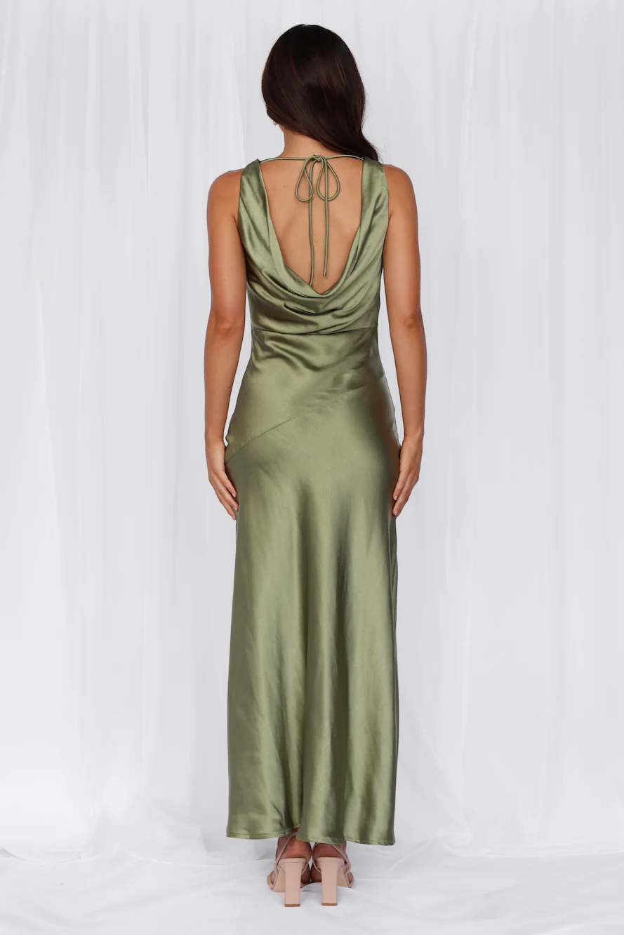 The Loretta Cowl Satin Maxi Dress Olive