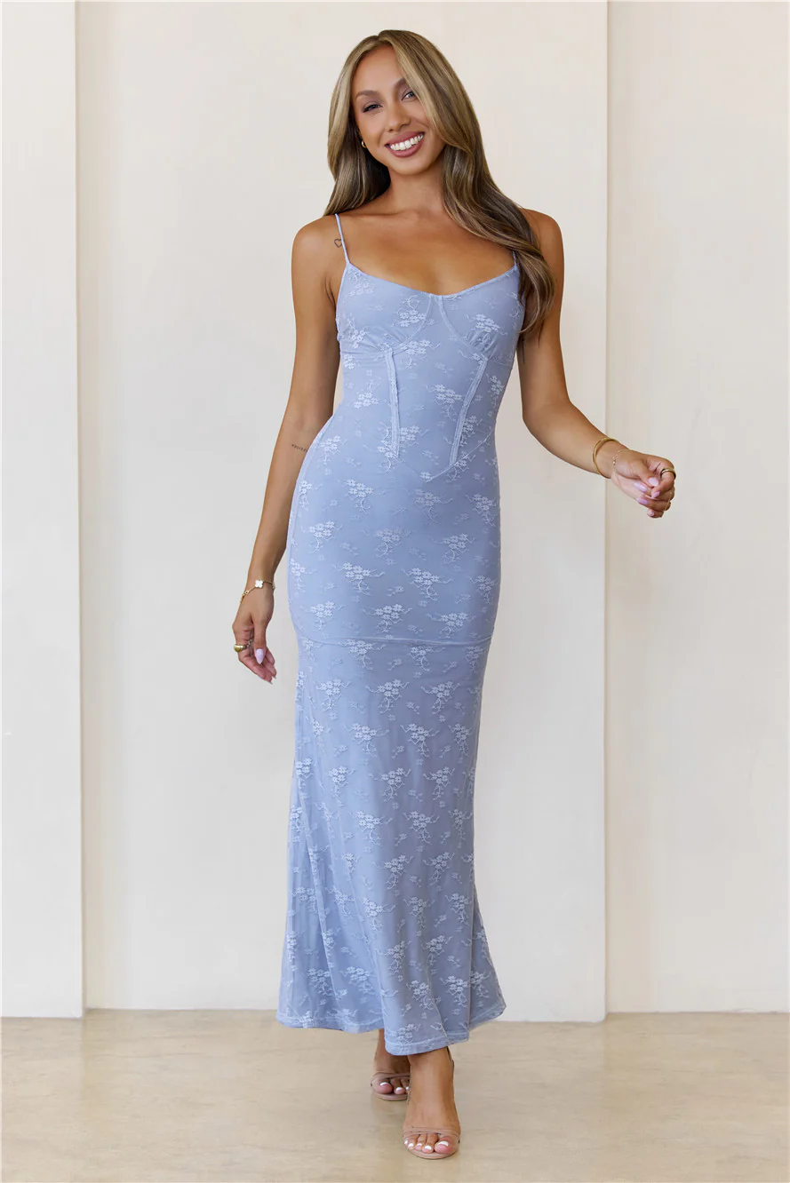 Sheer Radiance Lace Maxi Dress Blue
